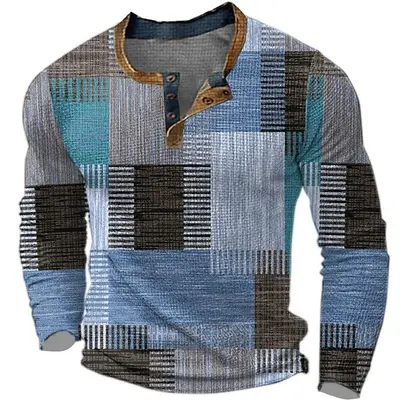 Erkek Henley gömlek, baskılı, uzun kollu, düğmeli - 8