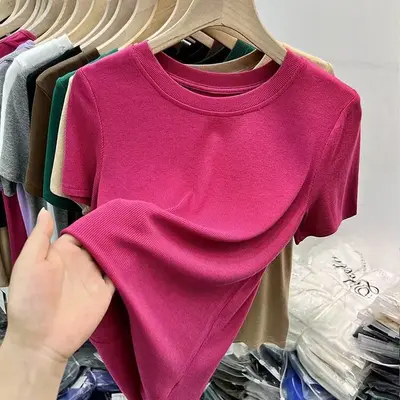 2026 summer new style ribbed round neck slim fit women's t-shirt, short sleeve versatile solid color basic t-shirt top - 13