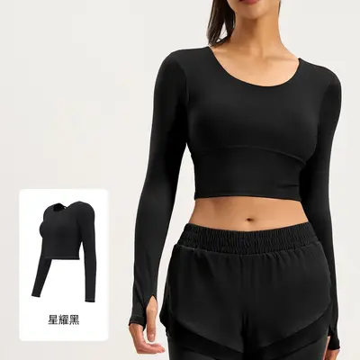 Cross-Back Long-Sleeve Running Yoga Outfit with Chest Pad - 10