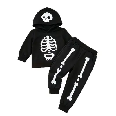 Children's Halloween Skeleton Print Hooded Two-Piece Costume Set