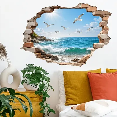 Ocean Wall Sticker with Seagull Design, Realistic Brick Mural for Bedroom and Living Room