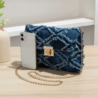 Denim Chain-Strap Flap Small Square Women's Bag with Diamond Quilting - 3