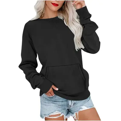 Kadın Uzun Kollu Düz Renk Yuvarlak Yaka Bol Sweatshirt, 2023 Sonbahar Kış