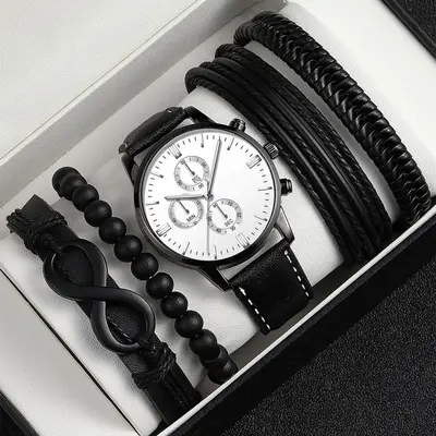 Men's leather belt, watch and bracelet set