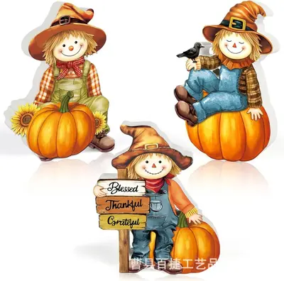Herbst-Vogelscheuchen-Holzanhänger, 3 Stück, Erntedank-Deko - 7