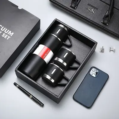 Thermobecher-Set mit drei Deckeln, Edelstahl-Thermosflasche mit individuellem Logo - 7