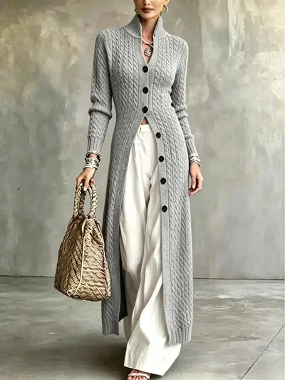 Damen-Strickjacke mit Knöpfen, lang, lässiger langer Mantel - 8