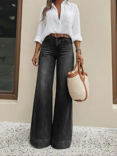 Damen-Vintage-Jeans mit Waschung, weites Bein, locker geschnitten