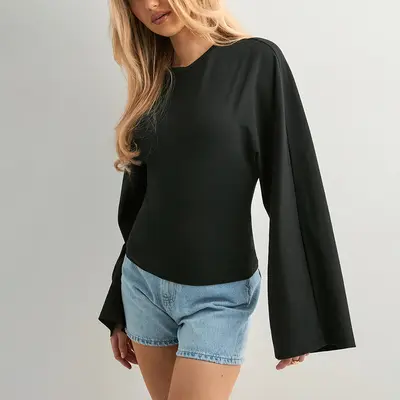 Women's Solid Color Round Neck Long Sleeve Top, Wide Sleeve, Waist-Cinching - 9