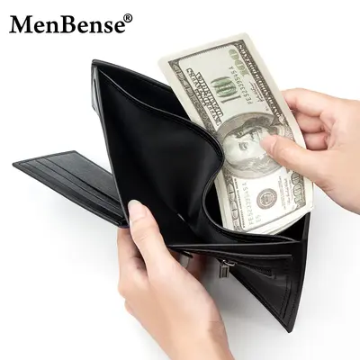 Men's Short Horizontal Wallet in Leather-Grain, Tri-Fold with Coin Pocket - 4