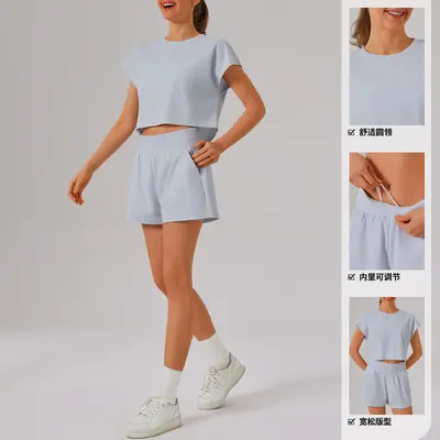 定制加工纯色圆领透气高弹力瑜伽健身服运动套装女 支持来图来样