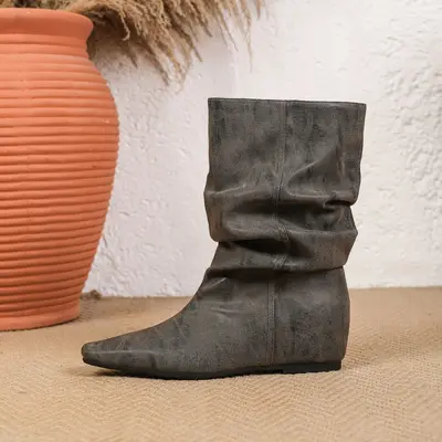 Vintage Pointed Toe Wedge Heel Short Boots, Inner Height Increase - 8