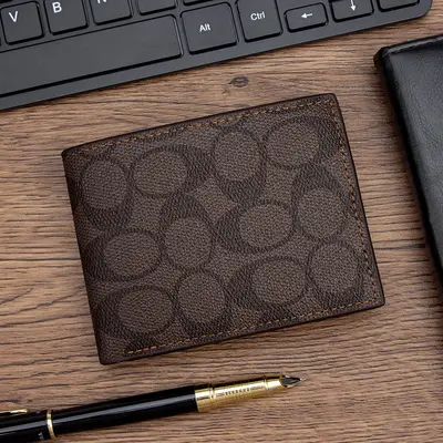 Men's Short Bi-Fold Thin Leather Wallet with C-Pattern and Zipper Coin Pocket - 7