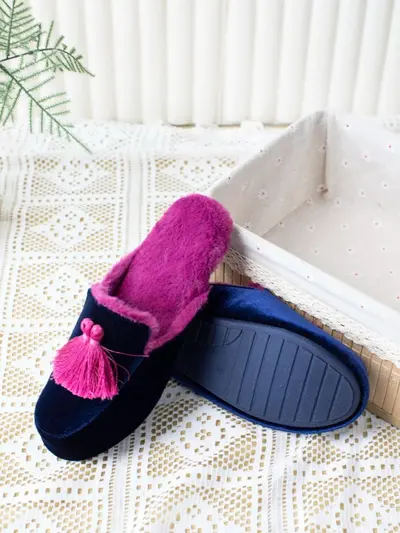 Princess-Style Hand-Stitched Tassel Velvet House Slippers, High Heel, Closed Toe