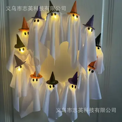 Glowing Ghost Halloween Door Wreath, 25 Pieces - 9