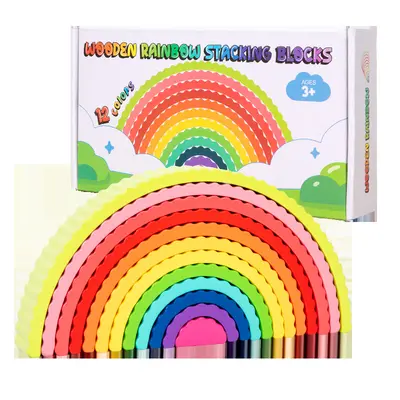 Rainbow Building Block Set DIY Wooden Educational Toy for Kindergarten - 9