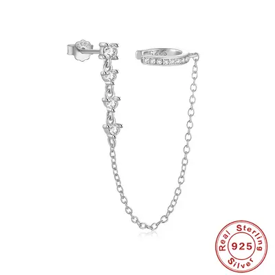 S925 Sterling Silver Single-Row Stone Non-Pierced Ear Clip with Tassel - 7