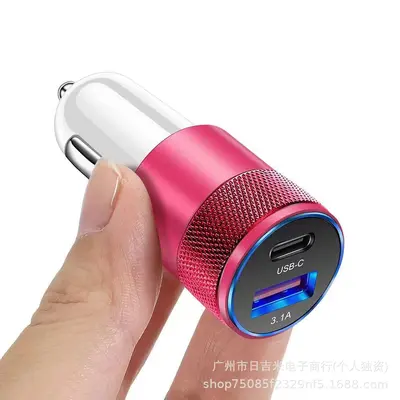 3.1A USB+PD küçük çelik top araba şarj cihazı alüminyum alaşımlı USB-C+USB araç cep telefonu şarj cihazı üreticisi hızlı şarj
