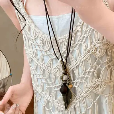 Yeni Çin tarzı bronz tüy kolye, bohem etnik stil, çift katmanlı kazak zinciri - 4