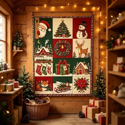 Vintage Christmas Patchwork Tassel Tapestry American Country Christmas Blanket Sofa Throw Christmas Holiday Decorative Blanket Tapestry