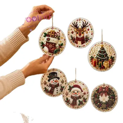 Round Wooden Christmas Diamond Painting Hanging Ornament Set, 6 Pieces