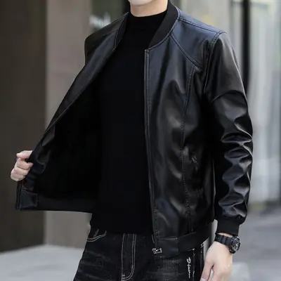 Men's PU Leather Baseball Collar Jacket, Fleece-Lined - 3