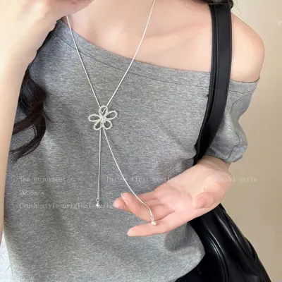 Silver floral pull pendant necklace, collarbone chain