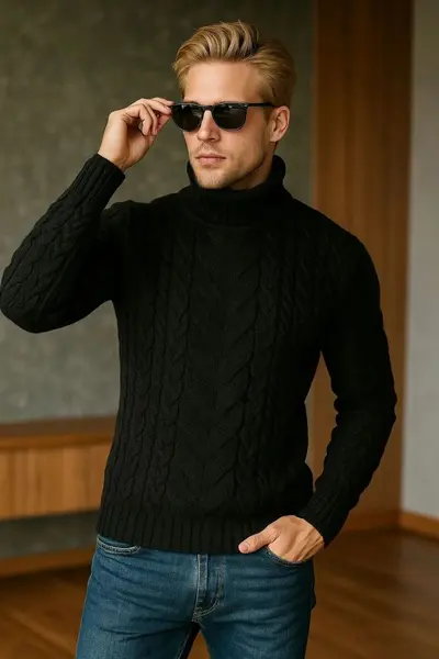 Herren-Rollkragenpullover im Zopfmuster, große Größen, einfarbig, Wolle - 11