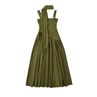 Damen-Trägerkleid, langer Rock mit hohem Schlitz, Taillenfalten