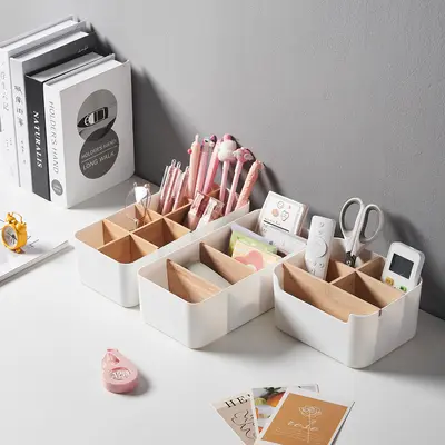Removable bamboo cosmetic storage basket kitchen miscellaneous items storage basket living room side table desktop wooden plastic storage box - 4