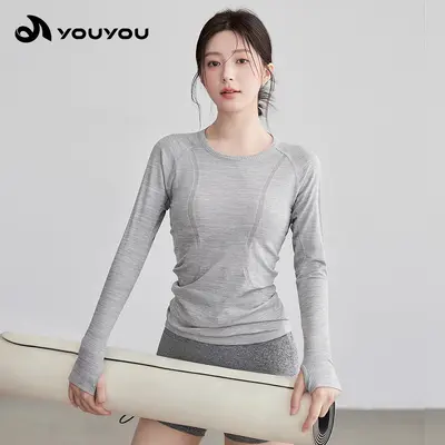 纯色新款瑜伽健身训练服圆领高弹普拉提骑行跑步瑜伽服女t恤批发