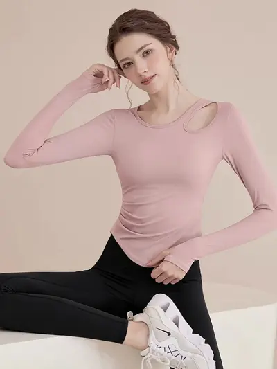 带胸垫瑜伽服长袖上衣女2026秋冬修身显瘦运动套装健身两件套秋装 - 5