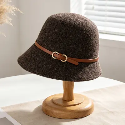 Korean-Style Wool Fisherman Hat, Metal Ring Leather Belt Buckle - 8