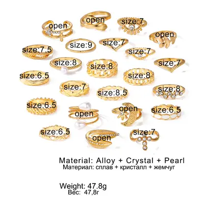 Cross-border bestselling diamond-studded cross leaf ring multi-jointed 23-piece set pearl sun and moon ring