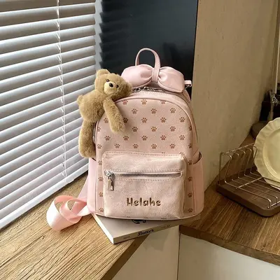 Women's Backpack with Cartoon Puppy Paw Design and Bow, Large Capacity - 8