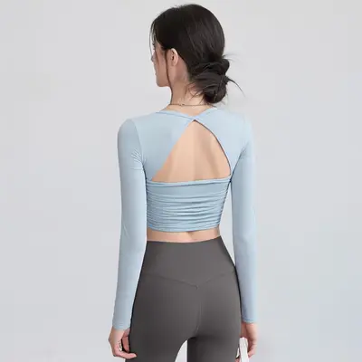 Yoga Top, Long Sleeve, Built-in Bra Pad, Backless Cut-Out - 2