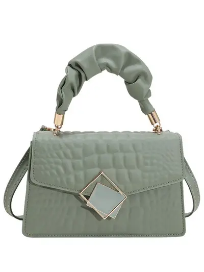 Women's Pleated Shoulder Bag, Solid Color, Stone Pattern Small Square - 5