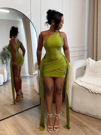 Sleeveless Tube Top One-Shoulder Mini Dress with Long Ribbon Ties
