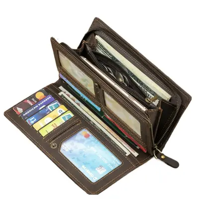 Crazy Horse Genuine Leather Long Men's Wallet, Multi-Card Slots, Large Capacity - 6