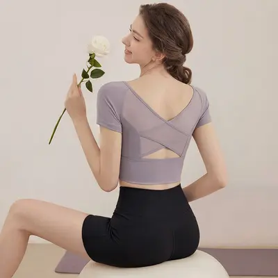 Women's Open-Back Short-Sleeve Yoga Top with Built-in Chest Pads - 11