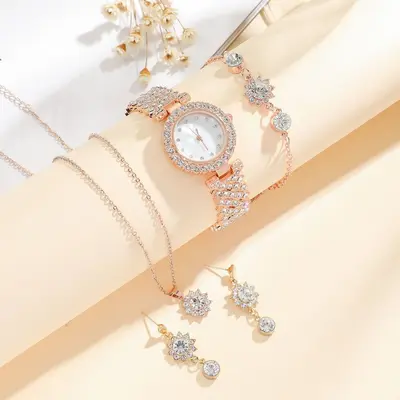 Damen-Quarzuhr-Set, Roségold, Diamantdesign, Geschenkbox