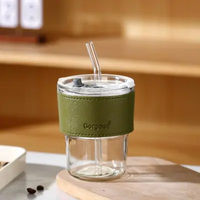 Trendy bambu pipetli kahve fincanı, mağaza promosyon hediyesi logolu baskılı cam su bardağı. - 12
