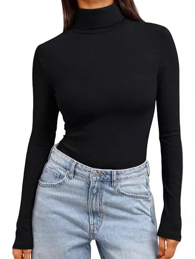 Amazon Yüksek Yaka Uzun Kollu Astarlı Kadın T-Shirt Düz Renk Slim Fit