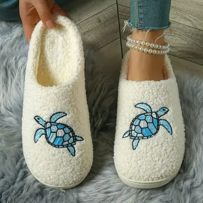 Embroidered Turtle Home Slippers, Unisex Memory Foam Warm Winter Slippers - 4