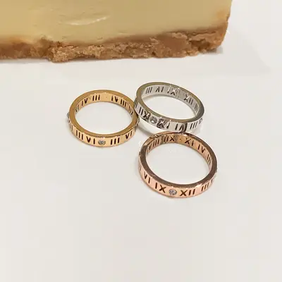 Stainless steel Roman numeral ring with zirconia stones
