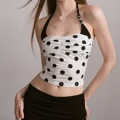 Halter Yoga Oberteil, Polka-Dot, Perlenbesatz, hochelastisch