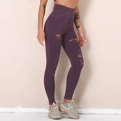 Women's Washed Yoga Leggings, Ripped Seamless High-Waist, Butt-Lifting - 11