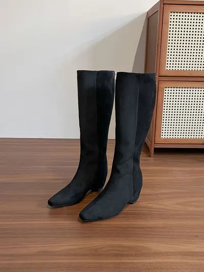 Women's Black Long Boots with 7cm Hidden Heel Lift, Fleece-Lined, Riding Boots - 11