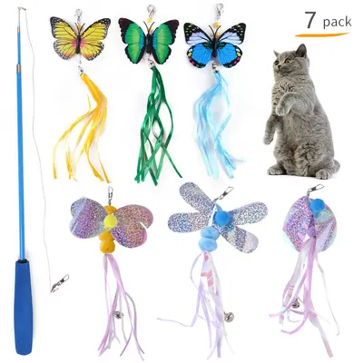 Cat Toy Set with Retractable Teaser Wand and Feather Bell - 4