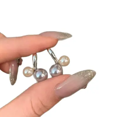 Dual pearl ear studs, circle earrings - 6